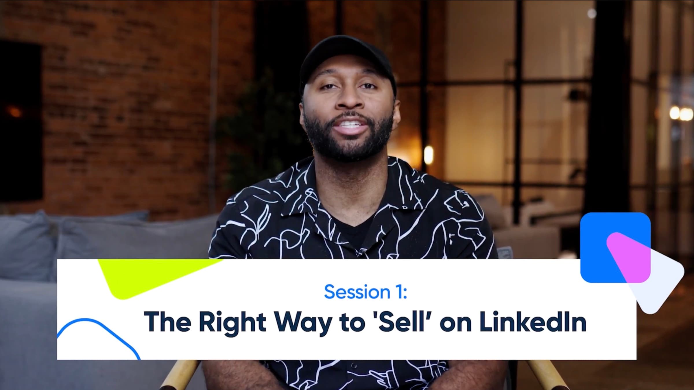 A title card from the Calendly masterclass reading Session 1, The Right Way to Sell on LinkedIn, over the host speaking to camera.